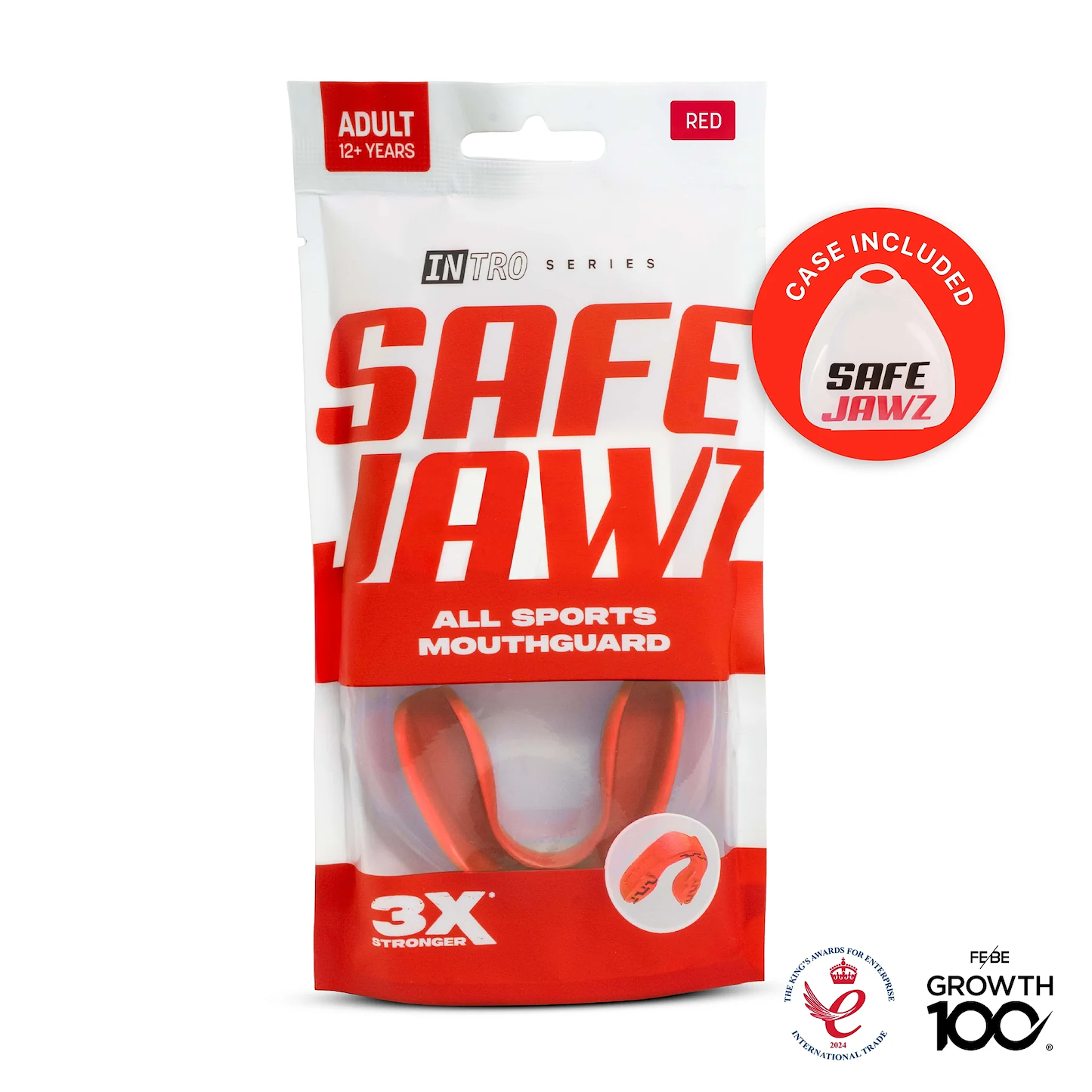 Packaging for the Safejawz Intro Series Protection Mouthguard - Red features "All Sports Mouthguard," "3X Stronger," an image of the mouthguard, a "Case Included" badge, and growth and award logos in the lower right corner.