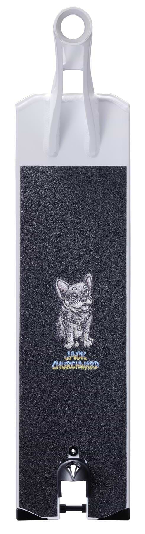 The Blunt Envy AOS V6 Jack Churchward Signature Stunt Scooter Deck (6" x 22") is a white deck with black grip tape, featuring a smiling dog illustration and “JACK CHURCHWARD” text below the image.