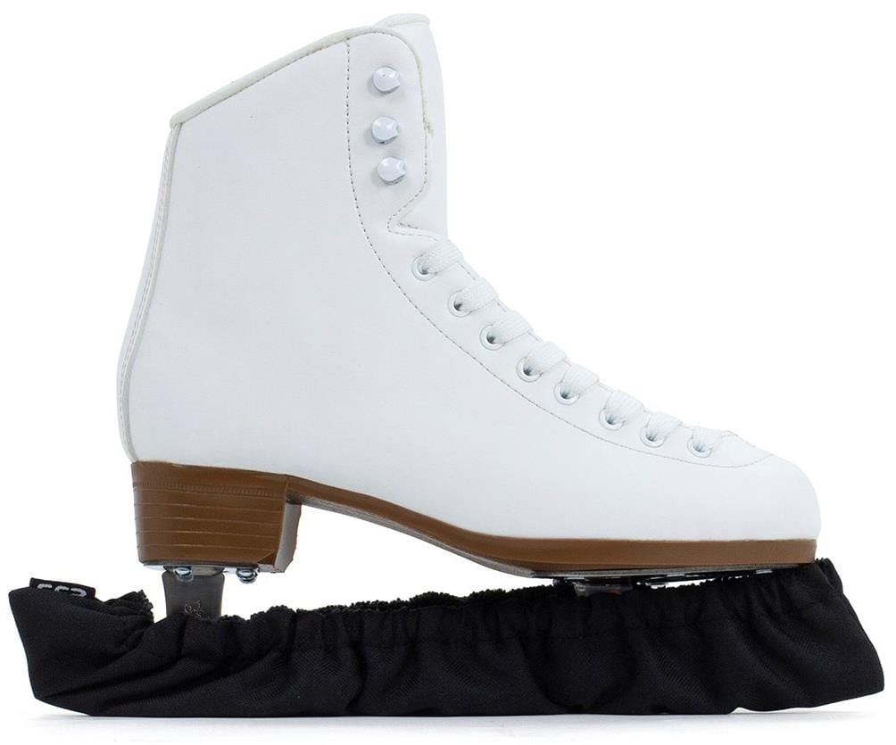 A white ice skate with a wooden heel and eyelets for laces sits on the SFR Ice Skate Blade Soakers - Black, offering stylish protection. The sleek design features absorbent microfiber for moisture protection, embodying both style and functionality.