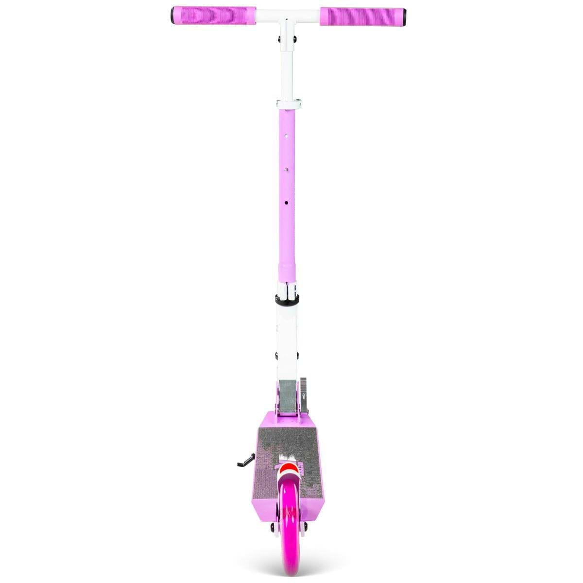 The Madd Gear (MGP) Metro Rush 125 Kids Foldable Scooter in white and purple is shown from the front, with purple handlebars, a light-up front wheel, and a narrow gripped deck. The background is plain white.