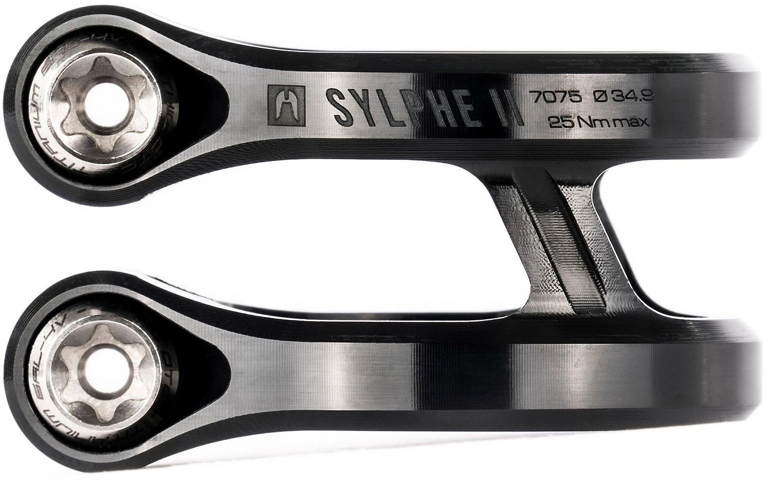 Close-up of two Ethic DTC Sylphe V2 2 Bolt Oversized Stunt Scooter Clamps in black, showing "SYLPHE II" label, visible engravings like "7075 Ø34.9," and "25 Nm max" on the lightweight clamp by Ethic.