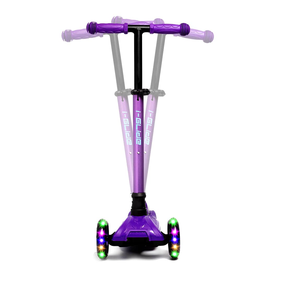 Front view of the I-Glide 3-Wheel LED Kids Scooter in purple/blue. The scooter displays three handlebar heights, highlighting its adjustable handlebar and steering range. LED lights are visible in the wheels, and “i-Glide” branding is featured on the stem.