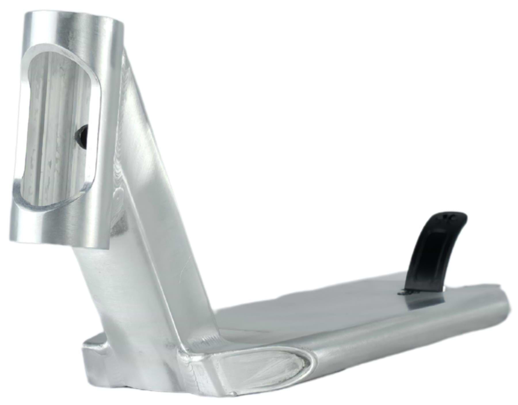 The Union Classic Pro Silver Stunt Scooter Deck - 4.75" by Union is lightweight, features a cutout headtube and a black rear brake, and is shown on a white background.
