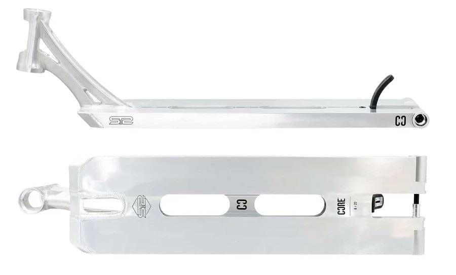 The CORE ST2 Forged Polished Street Stunt Scooter Deck, measuring 6" x 22", is shown in two views: one from the side and another from below. This polished silver deck, ideal for street riding, boasts sleek geometric cut-outs and visible branding with "CORE" and "S2." It also features a partially visible brake mechanism and a forged headtube for enhanced durability.