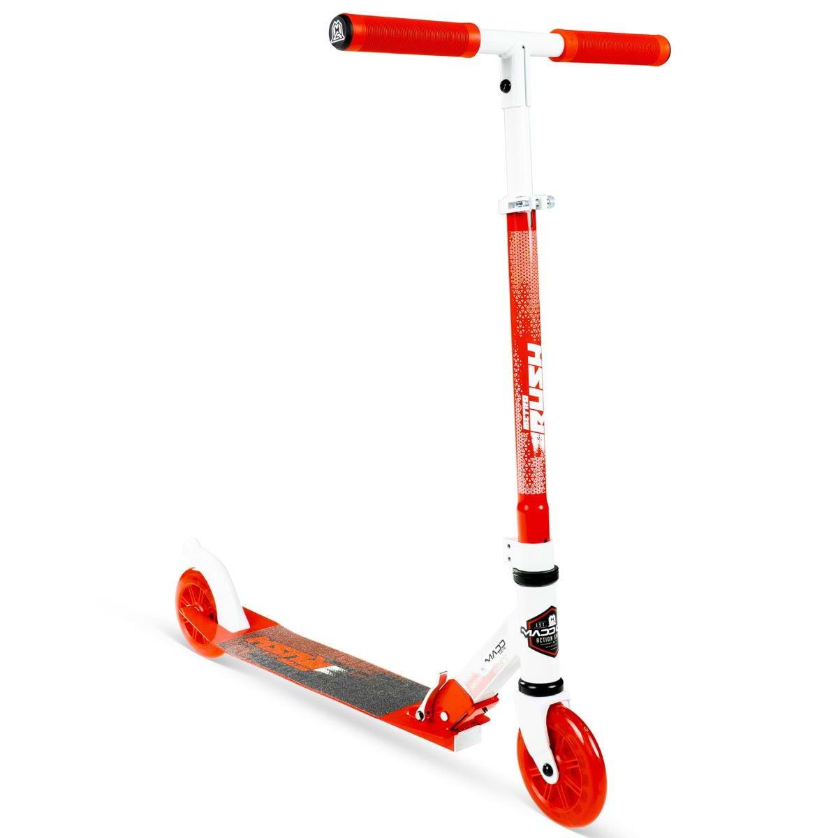 The Madd Gear Metro Rush 125 Kids Foldable Scooter in white and red features orange handlebars, light-up wheels, a black grip deck, adjustable handlebar, and stands upright on a white background.