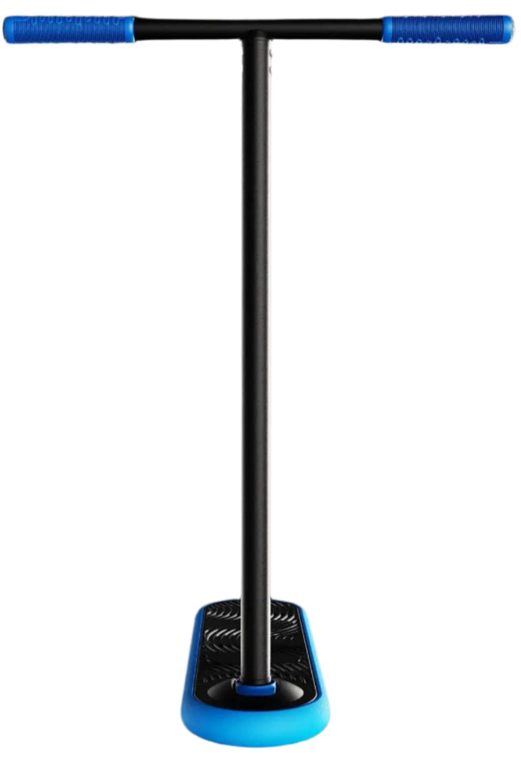 The INDO Pro V2 Indoor Trampoline Stunt Scooter, in black and blue, is showcased against a black background. Designed for pro-level riders, it has blue rubber handle grips and a matching foot base, echoing the style of an INDO scooter.