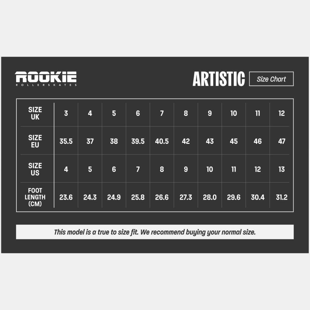 Size chart for Rookie Artistic Quad Roller Skates - White by Rookie shows UK, EU, US sizes & foot lengths (cm) from UK 3/EU 35.5/US 4/23.6cm to UK 12/EU 47/US 13/31.2cm. We recommend buying your normal shoe size.