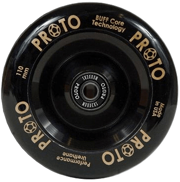 The Proto Sliders Full Core 110mm Stunt Scooter Wheel in black displays white text emphasizing "BUFF Core Technology," "110 mm," and "Made in USA." The central hub prominently features the Proto brand, showcasing its advanced urethane technology for enhanced performance.