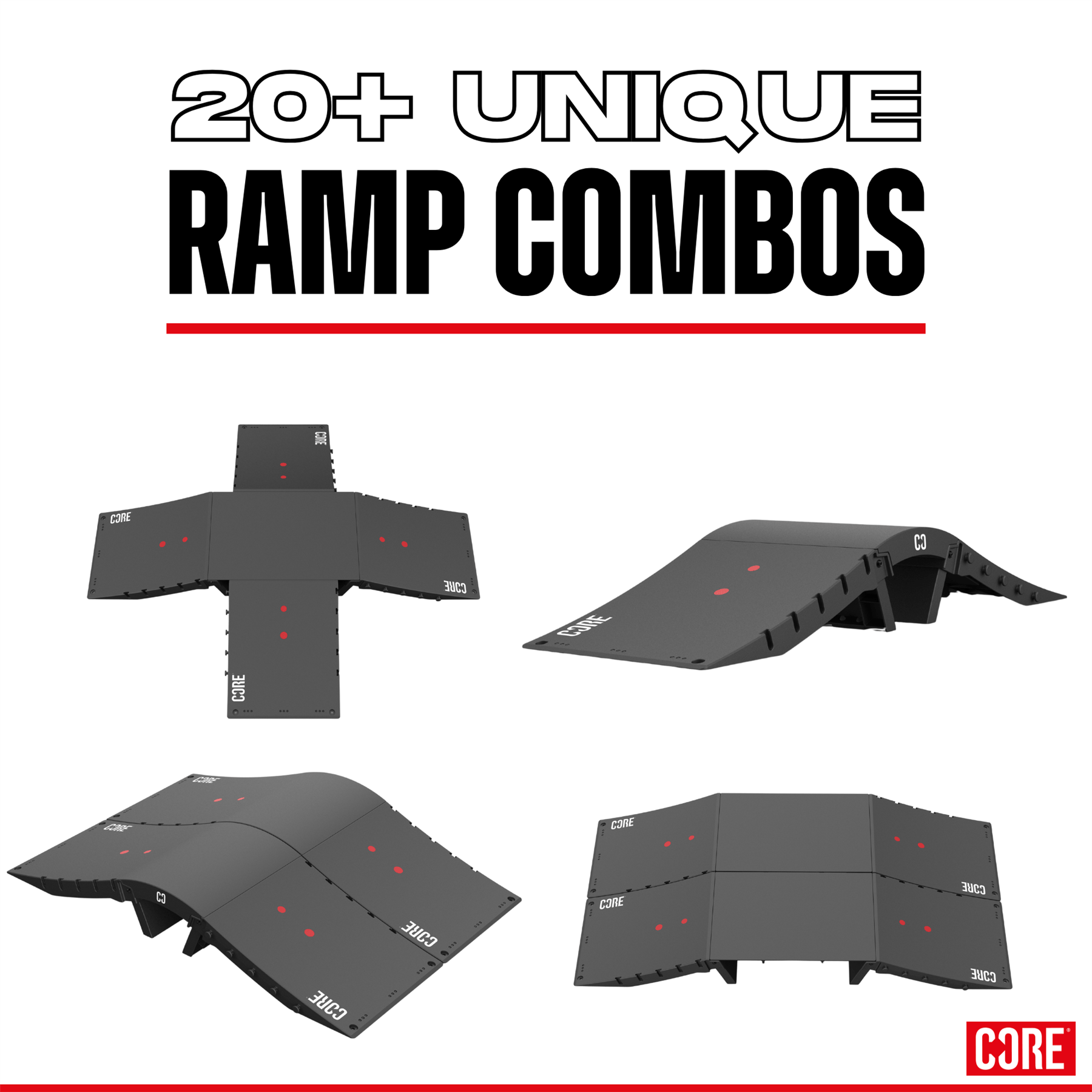 Four black modular ramp setups for skateboarding or biking are displayed with the CORE Mini Wave Bridge Connector, “20+ Unique Ramp Combos” in bold above, and the CORE logo in the bottom right corner.