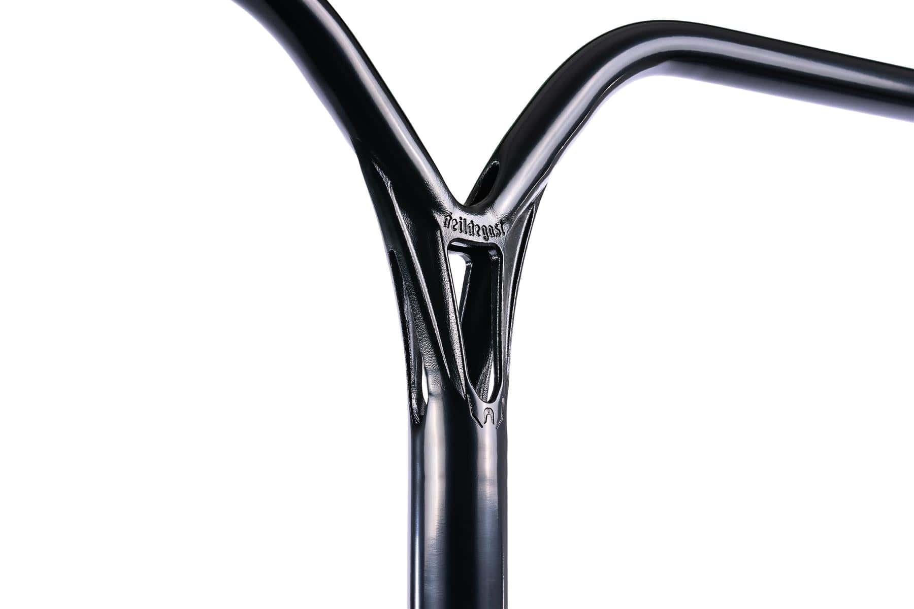 Close-up of Ethic DTC Deildegast V2 Steel Oversized HIC Stunt Scooter Bars in Black Mirror (770mm x 600mm), showing Y-shaped junction, shiny 4130 Chromoly steel finish, and visible welds against a white background.