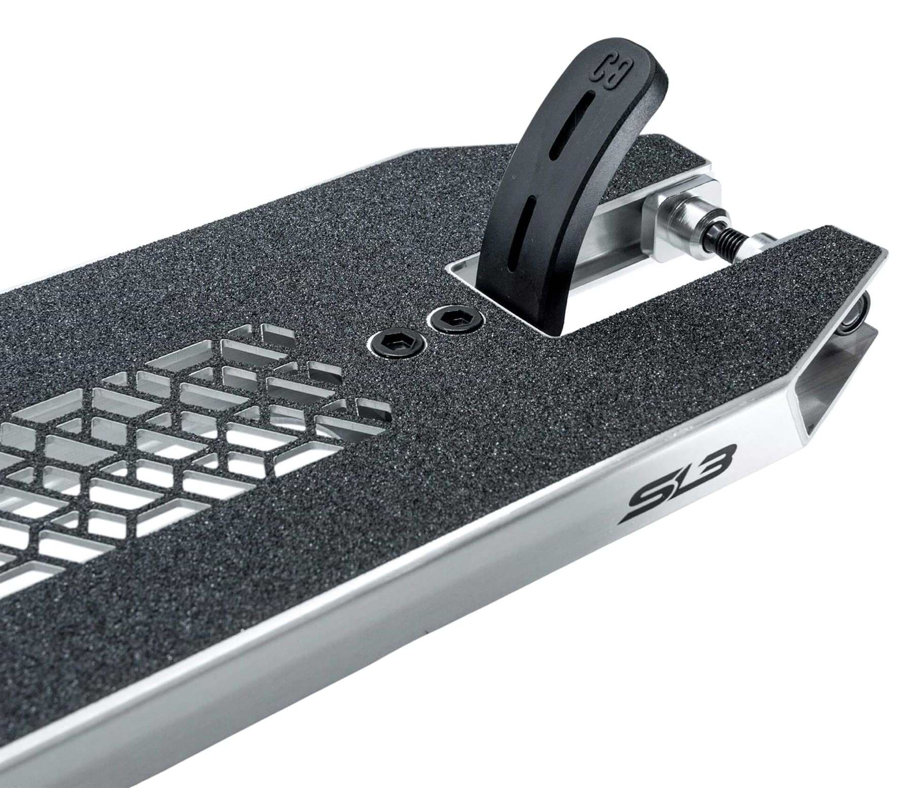 Close-up of the CORE SL3 Forged Polished Stunt Scooter Deck by CORE, featuring a textured black grip surface, honeycomb cutouts, black rear brake, and "S3" label—ideal for park riders seeking durability (5.25" x 19.3"/20.5").