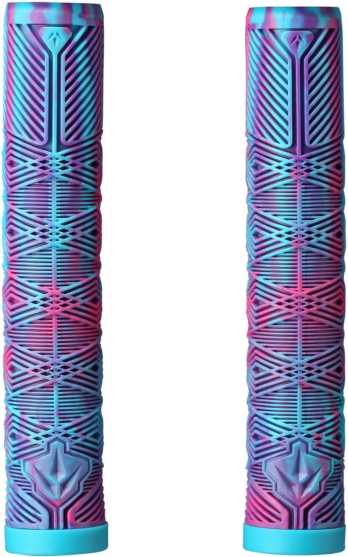 Two Blunt Envy V3 Pink / Teal / Purple Stunt Scooter Grips (160mm) stand upright against a white background, showing off their geometric textured pattern in vibrant colors.