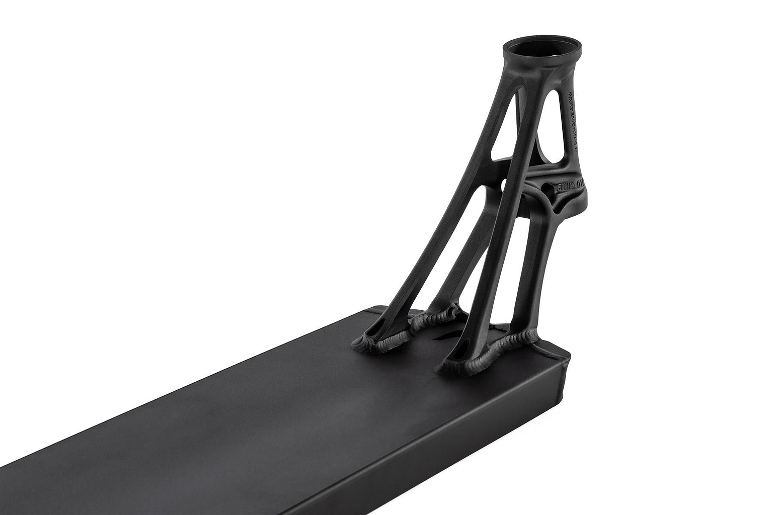 The Ethic DTC Pandemonium V2 Boxed Black Stunt Scooter Deck, measuring 5.5" x 22.8", showcases an intricate open-frame design at the back where it connects to the neck. This lightweight and flat rectangular deck harmonizes durability with a sleek structure, making it perfect for agile maneuvers.
