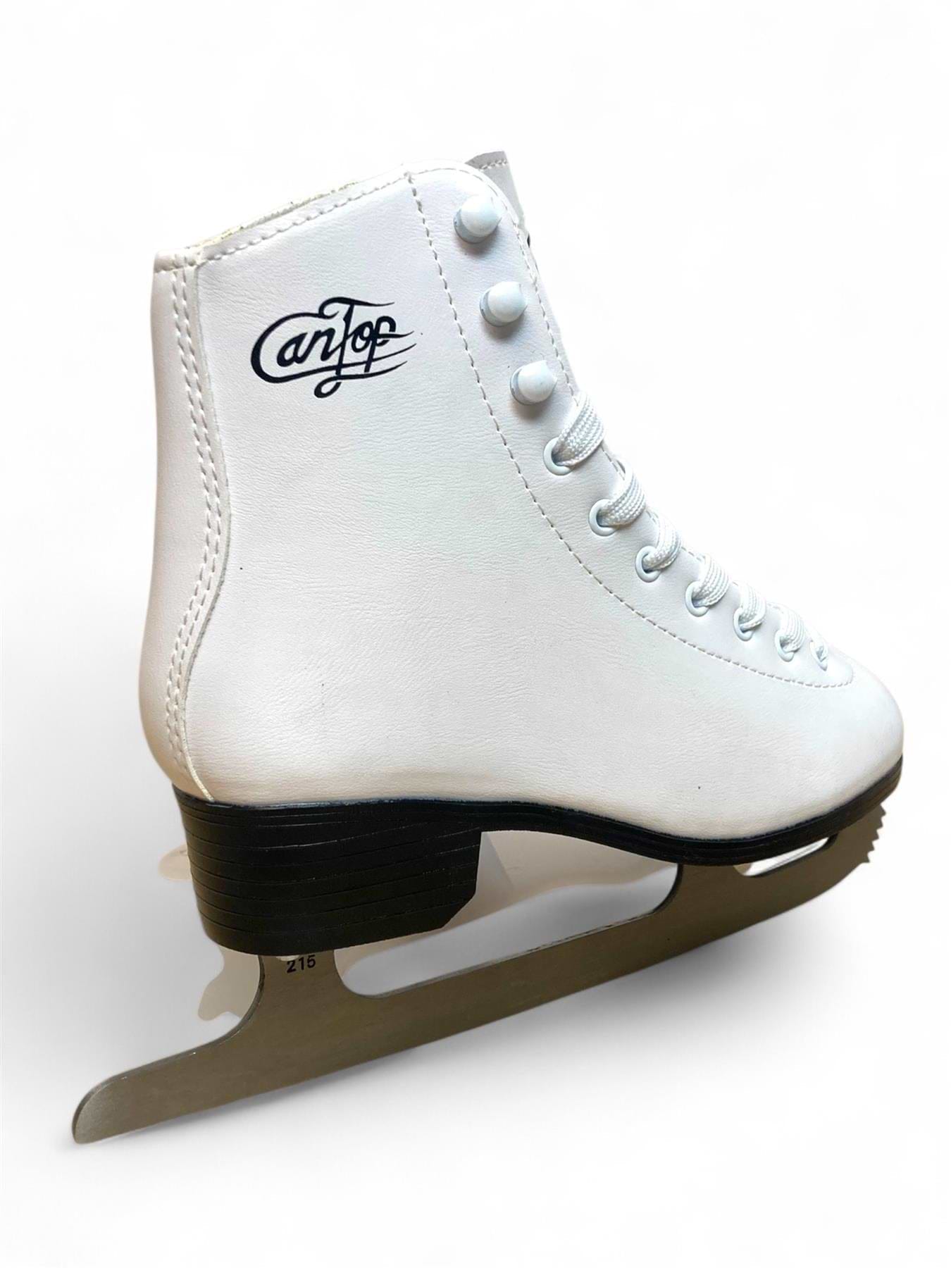 The Supreme Cantop Junior Figure Ice Skates feature a white synthetic leather boot with "Supreme" branding, white laces, a black heel, and a stainless-steel blade. Shown photographed on a plain white background.