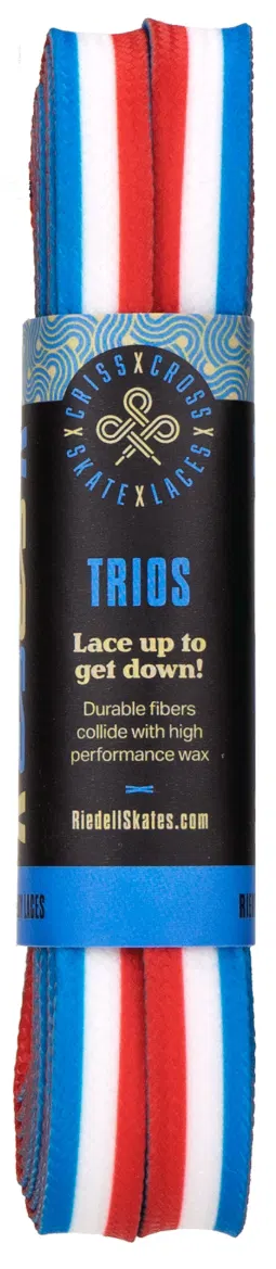 A pack of Criss Cross X Derby Laces Quad Roller Skate Laces in blue, white, and red stripes. Durable, flat, wax-infused laces designed for high performance on quad roller skates. Brand: Criss Cross.