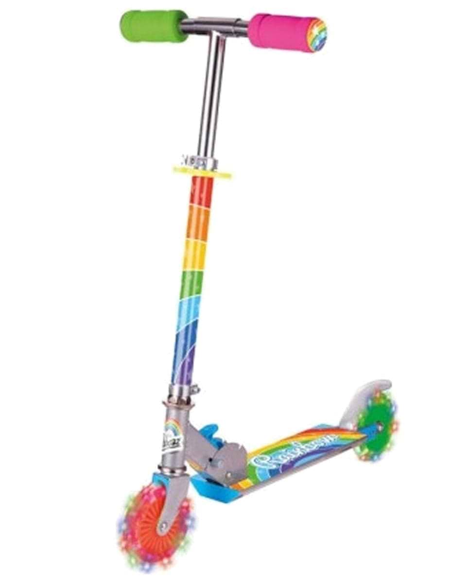 The Ozbozz Rainbow Light Up Foldable Kids Kick Scooter features a vibrant foldable design with a rainbow stem and deck, green and pink handlebar grips, LED light-up wheels, and "Rainbow" branding on the deck for an eye-catching adventure.