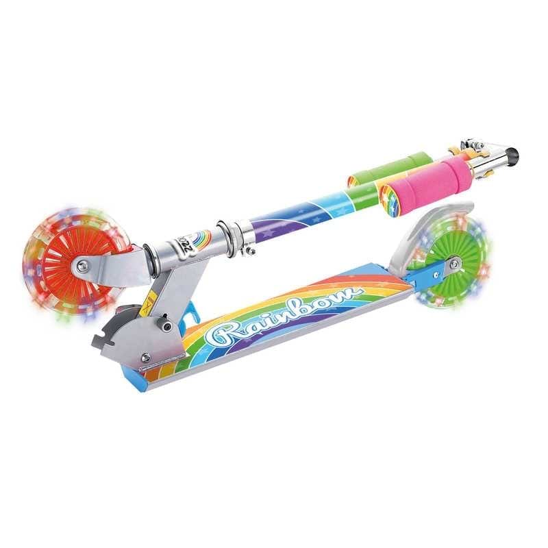 Introducing the Ozbozz Rainbow Light Up Foldable Kids Kick Scooter: a vibrant children's delight with a multicolor deck and handlebar. This scooter features dynamic light-up wheels, along with a metallic frame for easy folding and portability.