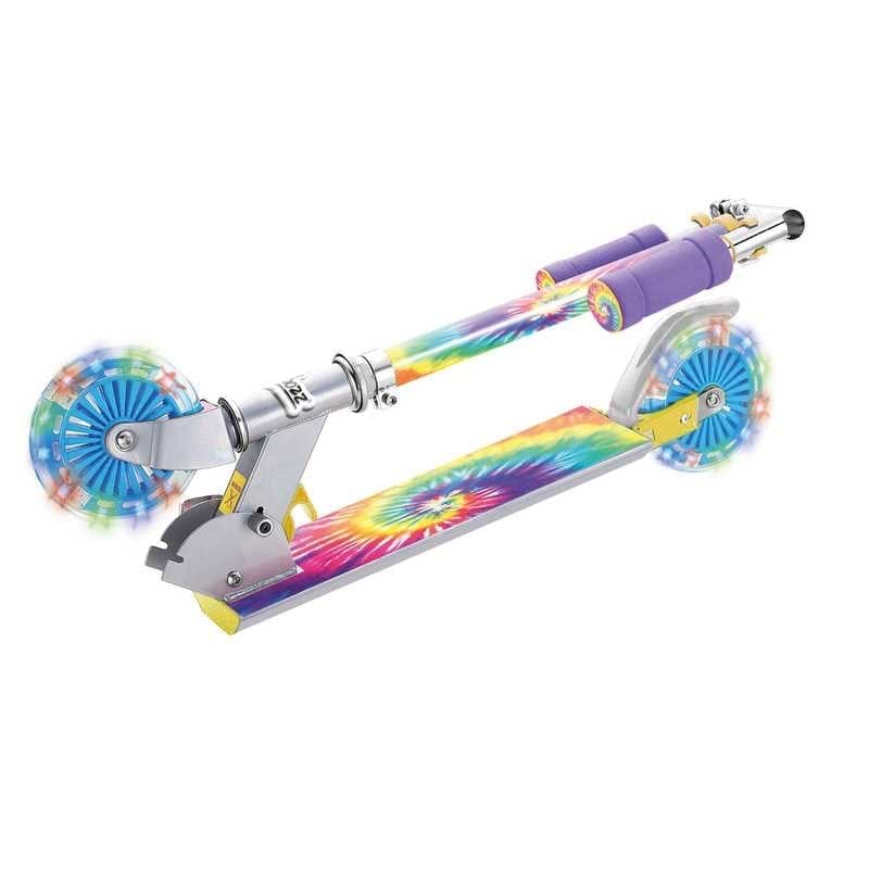 The Ozbozz Tie Dye Light Up Foldable Kids Kick Scooter features a tie-dye deck and frame, multicolored LED light-up wheels, and comfy purple grips on the handlebars. Perfect for young adventurers eager to stand out!.