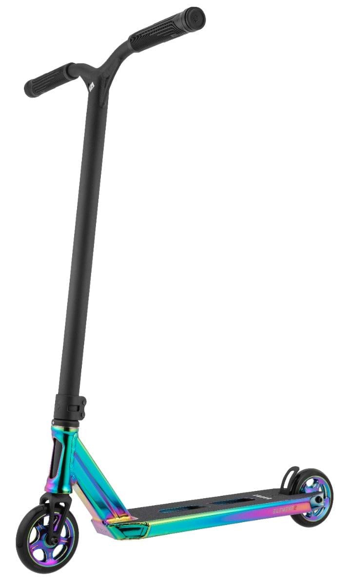 Introducing the Drone Element 2 Feather-Light Complete Stunt Scooter in Neochrome by Drone, featuring a black handlebar with a stunning rainbow metallic finish on the frame and deck. This scooter is equipped with dual-core wheels and an aluminum fork, making its lightweight design ideal for performing tricks and jumps.