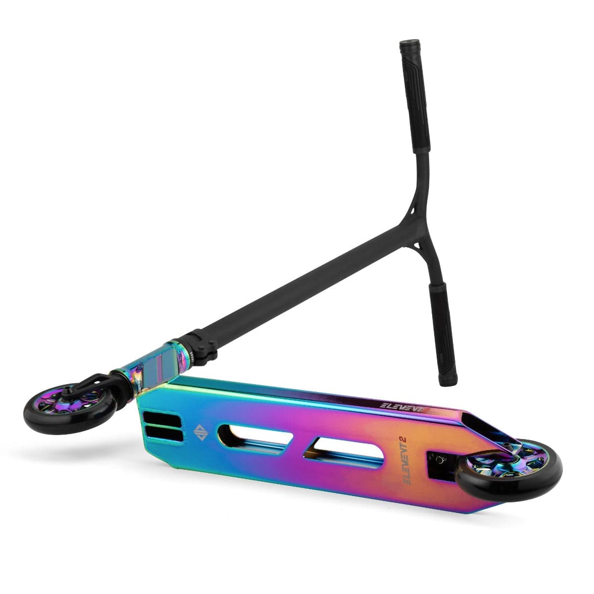 The Drone Element 2 Feather-Light Complete Stunt Scooter in Neochrome is displayed on its side, featuring a black handlebar. The deck boasts an iridescent finish with blue, purple, and yellow hues, complemented by Dual-Core Wheels with a matching design. Its lightweight construction and sleek design indicate it's built for tricks and stunts.