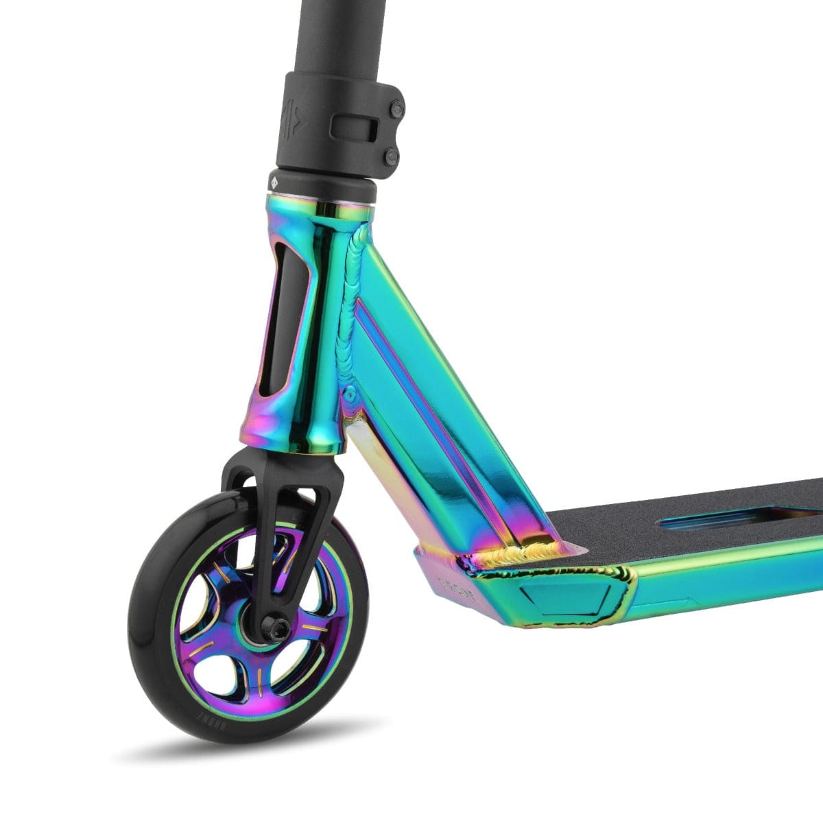 A close-up showcases the Drone Element 2 Feather-Light Complete Stunt Scooter - Neochrome, highlighting its vibrant and metallic rainbow finish in hues of blue, purple, and green. Featuring black-spoked front wheels and a sleek deck, the scooter's frame is enhanced by dual-core wheels for a striking iridescent appearance.
