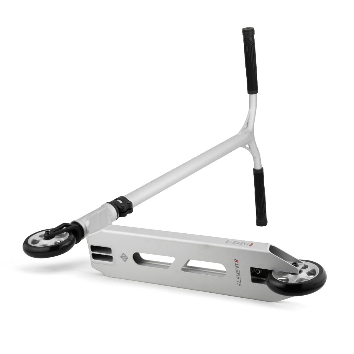 A silver anodized Drone Element 2 Feather-Light Complete Stunt Scooter is seen lying on its side. The scooter showcases a sleek, modern design, featuring a sturdy metal frame and rectangular deck. Its angled handlebar is complemented by an IHC aluminum fork, ensuring both style and strength, while the black luxe 3 dual-core wheels add to its sophisticated appearance.