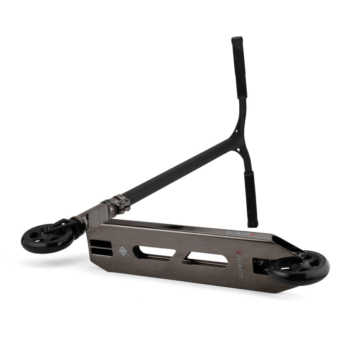 The Drone Element 2 Feather-Light Complete Stunt Scooter in Smoked Chrome features a sleek metallic deck adorned with cut-out designs and is equipped with a Y-shaped handlebar. Its IHC aluminum fork supports Luxe 3 Dual-Core Wheels, making it the ultimate choice for smooth and stylish rides.