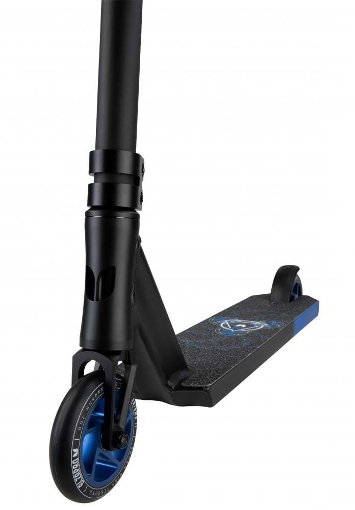 Close-up view of the Blazer Pro Enigma 2 Complete Stunt Scooter in black with striking blue wheels, adorned with a textured deck that showcases a circular blue graphic design. This beginner-friendly scooter by Blazer Pro offers a sleek and modern aesthetic, combining durability with stylish flair.