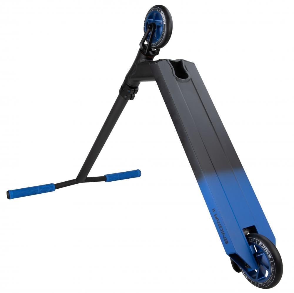 Introducing the Blazer Pro Enigma 2 Complete Stunt Scooter in Black and Blue—this beginner-friendly scooter boasts a sleek design with durable blue grips and wheels. Captured in a dynamic angled position, it highlights its modern and sporty appearance perfectly.