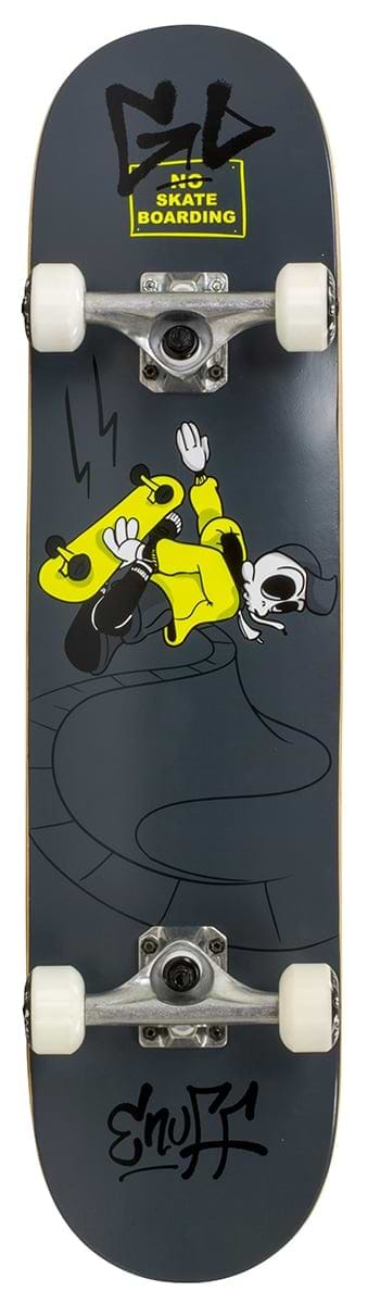 The Enuff Skully Black Complete Skateboard - 7.75" x 31.5" features a striking black deck adorned with a cartoon character in a dynamic pose, sporting a yellow outfit. Enhanced by bold, stylized text at the top and bottom, this skateboard is equipped with premium components such as white wheels and silver trucks, making it ideal for beginners.