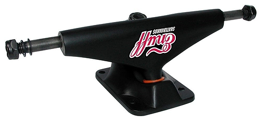 Presenting the Enuff 306 Low Black Skateboard Trucks (Pair) - 129mm, these trucks boast a sleek black finish and lightweight design. Featuring a black baseplate and adorned with a distinctive red and white logo on the hanger, they showcase visible bushings and axles for an optimal smooth riding experience.