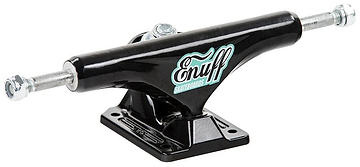 Detailed view of an Enuff Decade Pro Black Skateboard Truck, highlighting its premium craftsmanship with "Enuff" displayed in white and blue lettering. The truck includes silver axles and a durable baseplate, set against a plain white background.