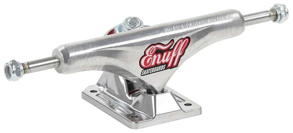 A close-up image of a silver skateboard truck showcasing the "Enuff" brand in red, highlighting the Enuff Decade Pro Silver Skateboard Trucks (Pair) - 129mm design for enhanced turning and control.