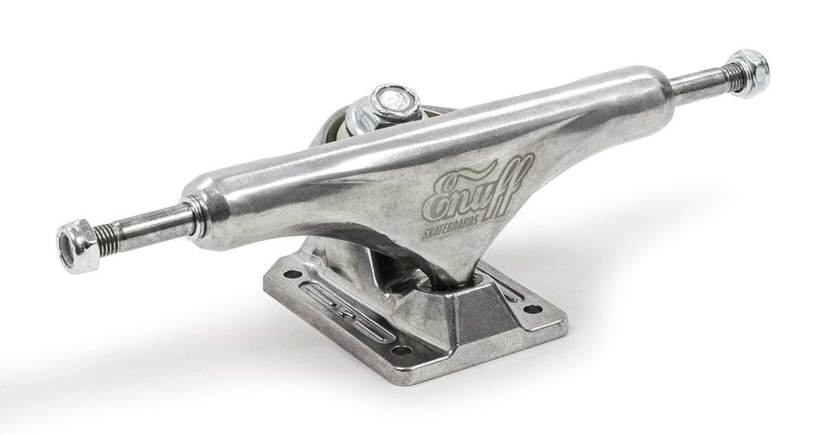 An Enuff Decade Pro Satin Silver Skateboard Truck with a satin finish glistens in the sunlight.