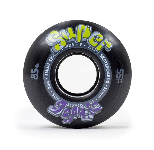A close-up image of a skateboard wheel highlights the sleek design of Enuff Super Softie 55mm 85A Skateboard Wheels. The black wheel is adorned with vibrant "Super Soft" text in yellow and purple, showcasing the "85A compound," alongside "55mm" and the brand name "Enuff Skateboards" printed in white around its edge.