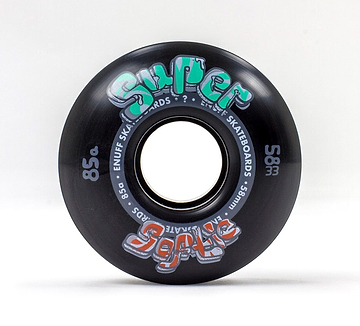 A black Enuff Super Softie 58mm 85A Skateboard Wheel features vivid graffiti-style text that reads "Super Soft 85a" and "Enuff Skateboards," set in a stylish font. The unique 85A compound of this wheel is perfectly highlighted against a plain white backdrop.
