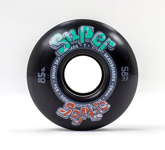 A black Enuff Super Softie 58mm 85A Skateboard Wheel features vivid graffiti-style text that reads "Super Soft 85a" and "Enuff Skateboards," set in a stylish font. The unique 85A compound of this wheel is perfectly highlighted against a plain white backdrop.