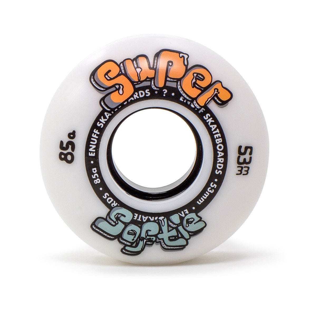 A white skateboard wheel is showcased with "Super Softie" prominently featured in bold orange and blue letters. Created by Enuff, the Enuff Super Softie 53mm 85A model provides an ultra-smooth ride for enthusiasts in search of premium skateboard wheels.