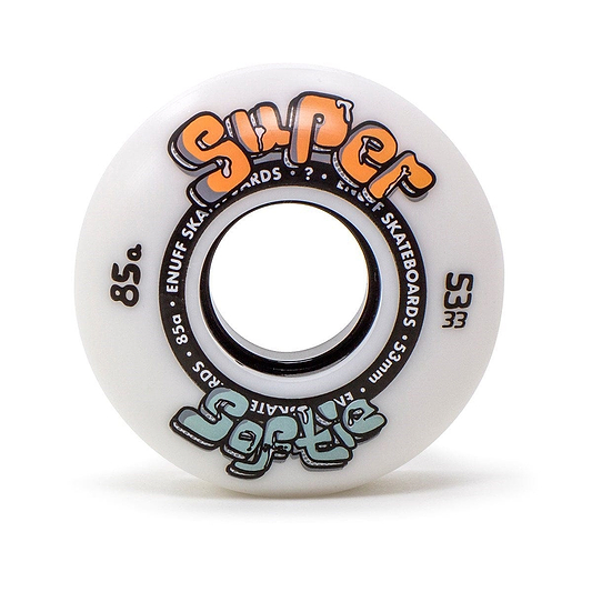 A white skateboard wheel is showcased with "Super Softie" prominently featured in bold orange and blue letters. Created by Enuff, the Enuff Super Softie 53mm 85A model provides an ultra-smooth ride for enthusiasts in search of premium skateboard wheels.