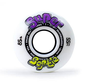 Get ready for an ultra-smooth ride with the Enuff Super Softie 55mm 85A Skateboard Wheels. Featuring the distinctive "Super Softie" design, these wheels showcase vibrant purple and yellow graffiti-style lettering on a classic white backdrop.