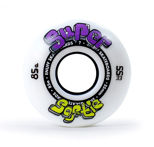 Get ready for an ultra-smooth ride with the Enuff Super Softie 55mm 85A Skateboard Wheels. Featuring the distinctive "Super Softie" design, these wheels showcase vibrant purple and yellow graffiti-style lettering on a classic white backdrop.