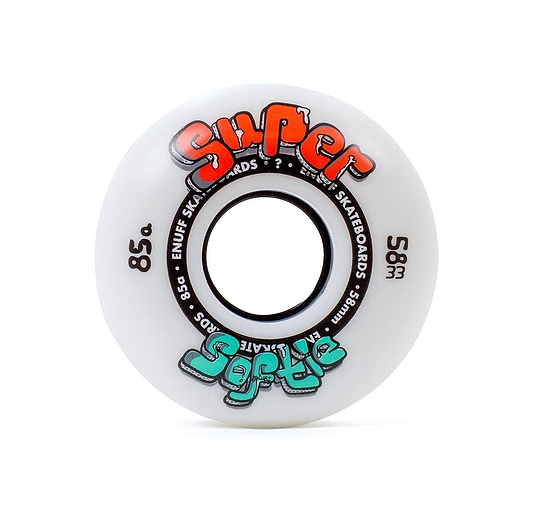 The Enuff Super Softie 58mm 85A skateboard wheels showcase a white design with the "Super Softie" logo in striking red and blue. They offer an ideal mix of performance and style with their 85A compound, complemented by Enuff's branding details around the edge.
