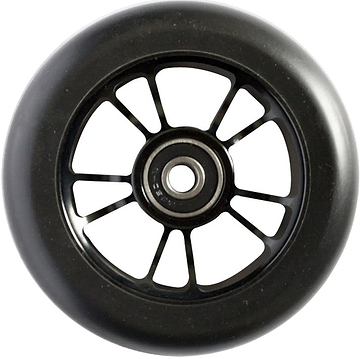 A close-up of the Blunt Envy 100mm Stunt Scooter Wheel in Black/Black, featuring a metal core with multiple spokes and an ABEC 9 bearing, shown against a white background.