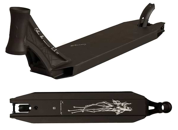 The Ethic DTC Erawan V2 Black Stunt Scooter Deck, measuring 4.72" x 19.7", is presented from two perspectives.