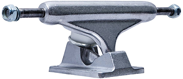 A close-up view of the Essentials Silver Skateboard Trucks (Pair) - 139mm by Essentials, featuring a shiny metallic finish. The skateboard trucks are displayed horizontally, highlighting the baseplate, cast aluminum hanger, and axles with nuts on each end.