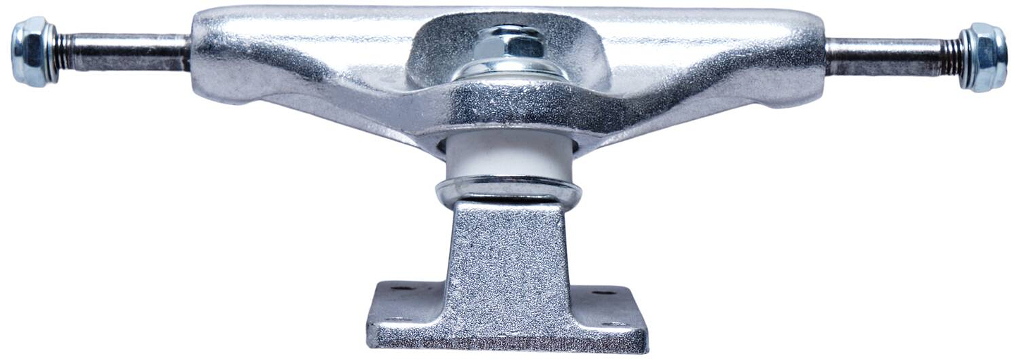 The Essentials Silver Skateboard Trucks have a shiny metallic finish and feature 90A bushings, with a durable aluminum hanger centered against a plain white background.