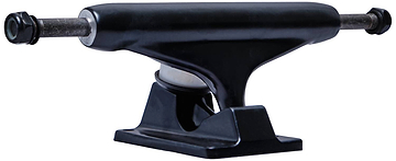 The Essentials Black Skateboard Truck, featuring a sleek 144mm aluminum hanger and polished metal axles, comes equipped with durable 90A bushings and is showcased against a plain white background.