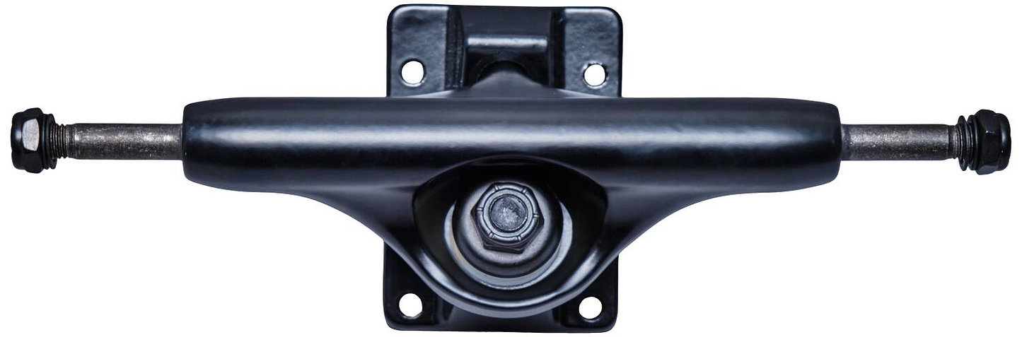 A close-up of the Essentials Black Skateboard Truck from the 144mm pair, showcasing its aluminum hanger, baseplate, and kingpin with 90A bushings, all positioned horizontally against a white background.