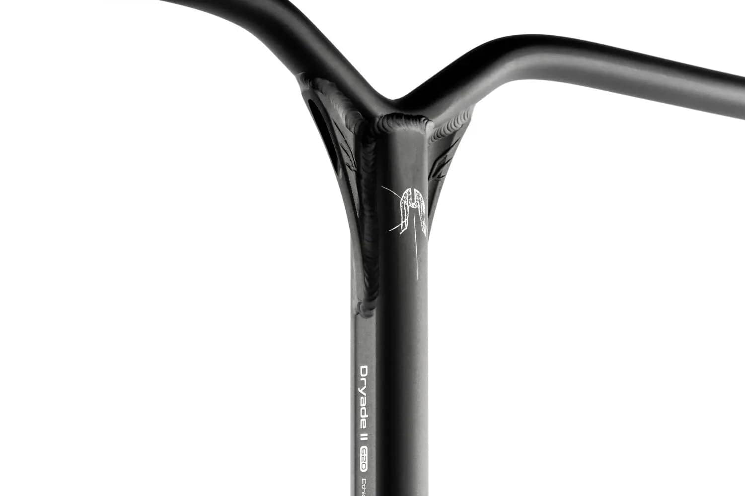 Close-up view of the Y-shaped connection on a black BMX bike handlebar, featuring the text "DRYADE II 600" and a small design above it. The sleek, smooth finish resembles that of Ethic's high-end Dryade V2 Aluminium ICS/IHC Stunt Scooter Bars, recognized for their lightweight aluminum construction and robust durability.
