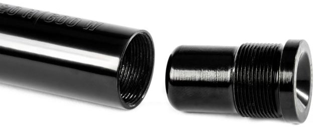 The Ethic DTC Handlebar Balance Point Modulation - 150g by Ethic is displayed on a white background, featuring a black metal pipe with internal threads beside a matching black threaded cap, perfect for use as a scooter bar end or in Ethic DTC setups.